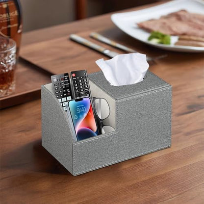 Square Multi-Functional Tissue Box Cover with Storage and Remote Control Holder - Cube Tissue Box Organizer for Bathroom, Nightstand, End Table - color: Grey