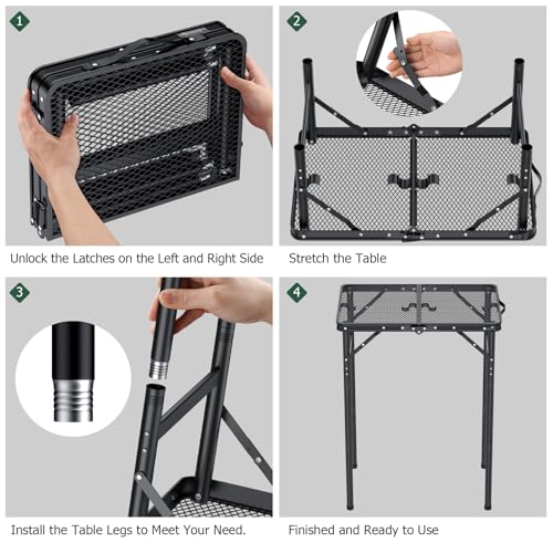 JiGiU Folding Camping Table Portable Pinic Table 3 Level Height Adjustable Aluminum Frame Small Foldable Camp Table Light Weight with Carry Handle for Outdoor Indoor Hiking Camp BBQ Beach