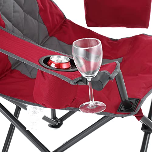 ARROWHEAD OUTDOOR Portable Deluxe Folding Camp Quad Chair w/Headrest, Glass & Cup Holders, Armest 6-can Cooler, Heavy Duty Carry Bag, 550 lbs Weight Capacity - color: Burgundy Red