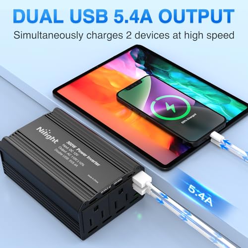 Nilight 300W Power Inverter 12V DC to 110V AC Car Charger Converter with 5.4A Dual USB Ports and 2 AC Outlets for Phones Tablets Laptop Computer Game Console Kindle iPad DVD Players Black - color: 300W USB*2 110V Outlet*2