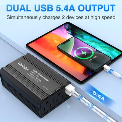 Nilight 300W Power Inverter 12V DC to 110V AC Car Charger Converter with 5.4A Dual USB Ports and 2 AC Outlets for Phones Tablets Laptop Computer Game Console Kindle iPad DVD Players Black - color: 300W USB*2 110V Outlet*2