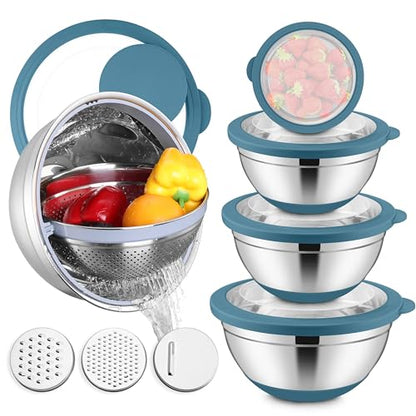 E-far Mixing Bowls with Lids Set, 15PCS Stainless Steel Mixing Nesting Bowls with Colander and 3 Metal Graters for Kitchen, Non-Slip Bottom & Airtight Transparent Lid, 4.6, 3, 1.5, 1, 0.7QT, Blue - color: Blue