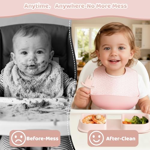 Pink Silicone Foldable Baby Feeding Set, Baby Travel Essential Including Toddler Plates, Spoon&Fork, Adjustable Foldable Bib, Portable Infant Toddler Utensils - color: Pink