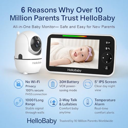 HelloBaby HB6550 5" Baby Monitor 3 Cameras, 26-Hour Battery, Pan-Tilt-Zoom,1000ft Range Video Audio Baby Monitor No WiFi, ECO, Night Vision, 2-Way Talk, 8 Lullabies and Temperature, Ideal Gifts - size: 3 Cams-HB6550