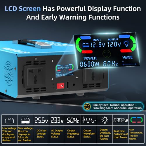 2000W Pure Sine Wave Power Inverter Voice Control AI Voice Assistant Support English 12V to 120V 60HZ with LCD Display, USB Port, for Car Home Laptop Truck - size: 2000W-12V