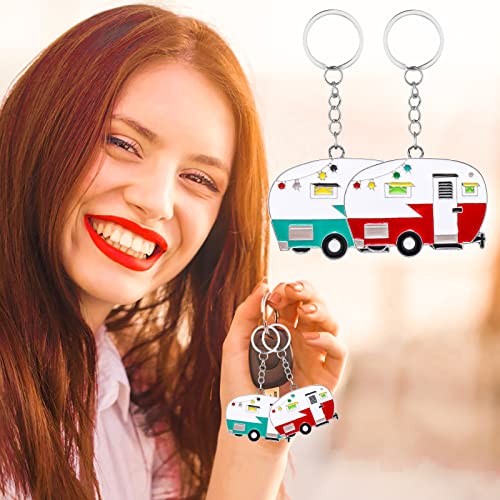 Thinp 2 Pieces Camper Keychain, RV Camper Keyring Accessories for Travel Trailers Enameled Metal Retro Camping Car Keychain - color: Red, Green