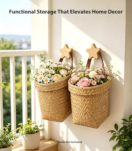Wall Hanging Basket, Natural Seagrass Woven Storage Basket, Farmhouse Wall Organizer for Bedroom, Entryway & Kitchen
