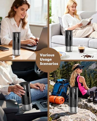 Portable Electric Espresso Machine & Manual Coffee Grinder & Electric Milk Frother All in 1 Mini Travel Coffee Maker Set for Camping, Car, RV, Hiking, Office, Home, Ground Coffee & NS Capsules Pod
