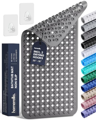 Bathtub Mat Non Slip 35x16 - homerella® Bath Mat Incl. Hooks for Drying, Extra Long, 100% BPA Free, Shower Mat Non Slip Anti Mold, Machine Washable, Shower Mats for Inside Shower Mildew Resistant - color: Dark Grey, size: 34.5" x 15.5" (Rectangular)