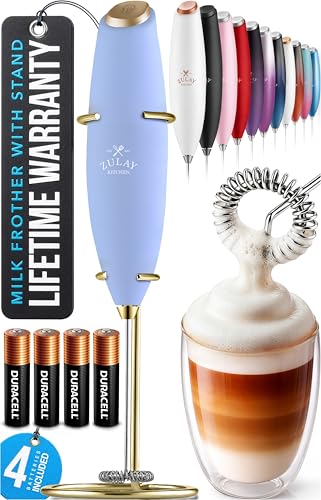 Zulay Kitchen Powerful Milk Frother Wand With Duracell Batteries - Ultra Fast Handheld Drink Mixer - Electric Whisk Foam Maker for Coffee, Lattes, Cappuccino & Matcha - Z1 Motor - Blue & Gold - color: Cadet Blue, size: Z1 Motor + Batteries