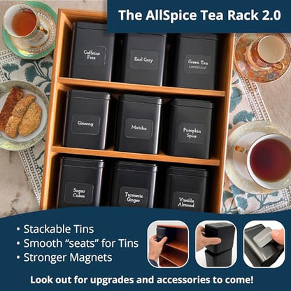 AllSpice Tea Organizer Rack with 9 Tins & 160 Magnetic Labels – Perfect for Bagged & Loose Leaf Tea Organization - Black - color: Black
