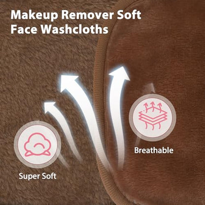 Natwag Makeup Remover Cloth, 6" x 6" Make Up Towels Reusable Face Cloth for Washing Face, Makeup Remover Pads Microfiber Face Washcloth with Mesh Bag, Just Water, 12 Pack, Brown - color: Brown
