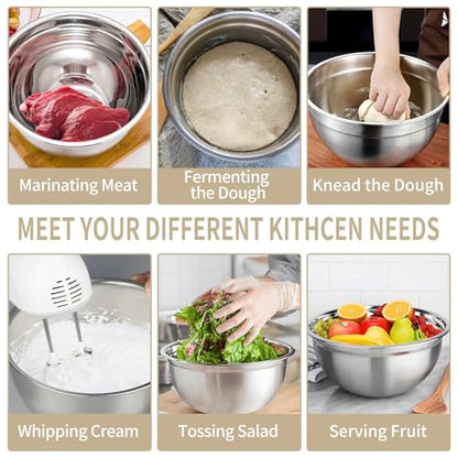 WEPSEN Mixing Bowls Set, 25PCS Khaki Mixing Bowls With Lids Set Stainless Steel Kitchen Large Nesting Metal Bowl 7QT to 1.5QT, Measuring Cups and Spoons for Prepping Cooking Serving - color: Khaki Bowls Set