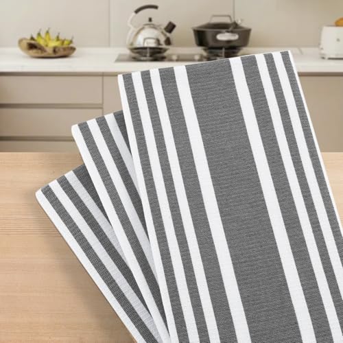 Homaxy Premium Kitchen Towels 18”x 28”, Large Cotton 380 GSM Kitchen Hand Towels, Stripe and Terry Dish Towel, Highly Absorbent Tea Towel Set with Hanging Loop, 3 Pack, Black - color: Black Stripe, style: 3-pack