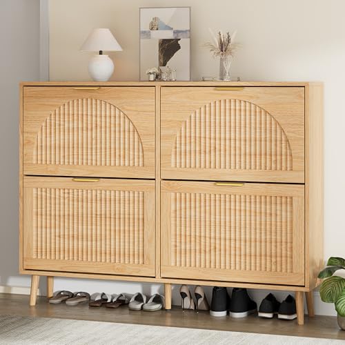 Shoe Storage Cabinet with 4 Flip Drawers, Narrow Wood Shoe Organizer Cabinet with Fluted Panel, Slim Shoe Rack for Entryway, Freestanding Shoe Cabinet for Living Room, Hallway, Wood Color - color: Nature Oak, size: 4-Drawers
