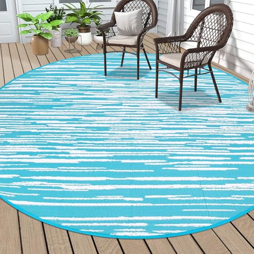 HEBE Outdoor Rug 8ft for Patios Clearance Waterproof Patio Mat Plastic Straw Rug Reversible RV Camping Tent Rug Outside Indoor Outdoor Area Rugs for RV,Deck,Beach,Balcony,Camper - color: Stripe/Teal, size: 8' Round