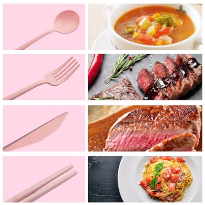 ELANE 4 Sets Reusable Travel Utensils Set with Case,Camping Cutlery Set Reusable Cutlery Set with Case,Utensil Sets for Lunch Picnic Daily Use Outdoor (pink) - color: Pink