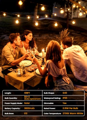 Brightown 108FT 52LED Solar String Lights Outdoor with Remote & USB Port, Shatterproof Bulbs, Dimmable & Timable, 3 Modes, Patio Lights Solar Powered with Mount Clips for Camping Backyard Garden Decor - size: 108FT