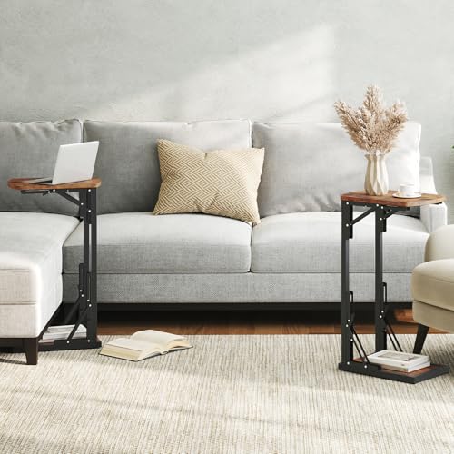 MAHANCRIS Folding C Shaped End Table, Adjustable Small Sofa Side Laptop Desk, Foldable Couch TV Tray Table for Small Spaces, Living Room, Bedroom, Rustic Brown ETHR4101