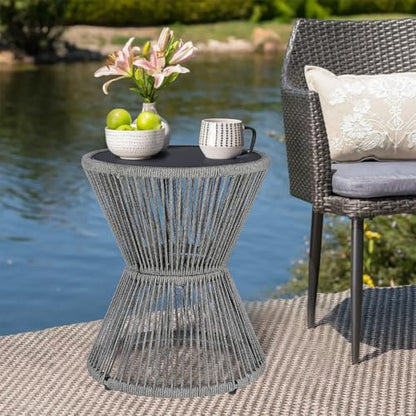 SUNNYPARK Outdoor Side Table 20'' H Small End Tables Woven Rope Weather Resistant with Glass Top Round Coffee Table for Indoor Balcony Patio Poolside (Gray) - color: Grey