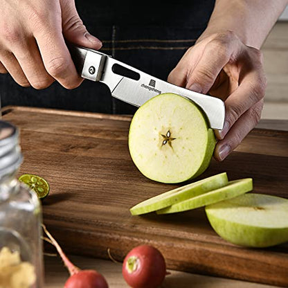 ZhengSheng Folding Chef Knife with Nylon Pouch 4.8" Sharp 440A Stainless Steel Blade Wooden Handle Pocket Foldable Japanese Style Kitchen Knife for Outdoor Camping Cooking - color: #6 Natural wooden Handle - Black Nylon Pouch