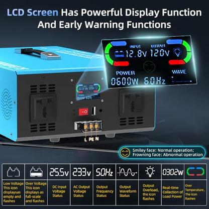 4000W Pure Sine Wave Power Inverter Voice Control AI Voice Assistant Support English 12V to 120V 60HZ with LCD Display, USB Port, for Car Home Laptop Truck - size: 4000W-12V