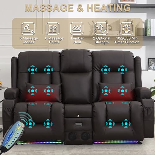 URRED Power Loveseat Recliner Sofa with Massage and Heat, Wall Hugger Reclining Loveseat with Console, RV Couch Home Theater Seating with LED Lights for Living Room (Dark Brown, 67" - 2 Seats) - color: Dark Brown, size: 67" - 2 Seats