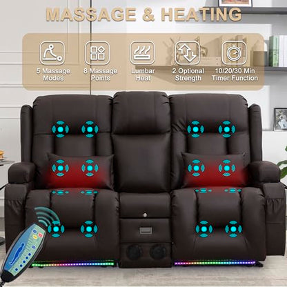 URRED Power Loveseat Recliner Sofa with Massage and Heat, Wall Hugger Reclining Loveseat with Console, RV Couch Home Theater Seating with LED Lights for Living Room (Dark Brown, 67" - 2 Seats) - color: Dark Brown, size: 67" - 2 Seats
