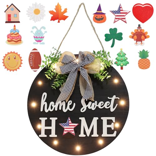 Interchangeable Welcome Sign for Front Door with 14 Changeable Icons, Farmhouse Front Porch Decor Rustic Wooden Wall Sign with 12 LED Lights, Outdoor Seasonal Welcome Home Decorations (Black1) - color: Black