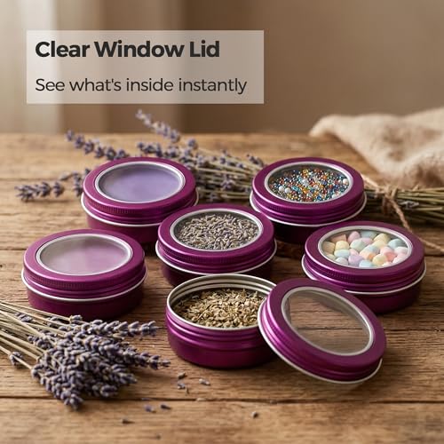 2 oz (60ml) Purple Aluminum Tins with Clear Lids and Labels, 24 Pack | Clear View Lid, Secure Packaging, Tight Screw Lids, Includes Blank Labels, 11 Color Options - color: Purple