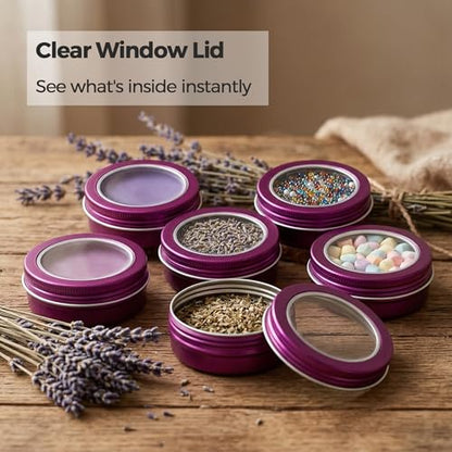 2 oz (60ml) Purple Aluminum Tins with Clear Lids and Labels, 24 Pack | Clear View Lid, Secure Packaging, Tight Screw Lids, Includes Blank Labels, 11 Color Options - color: Purple