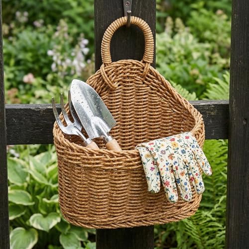 DOITOOL Set of 2 Wicker Hanging Basket for Wall, Front Door, Flowers, Mail, Fruit - Boho Handmade Rattan Hanging Wall Baskets for Garden Farmhouse Home Storage