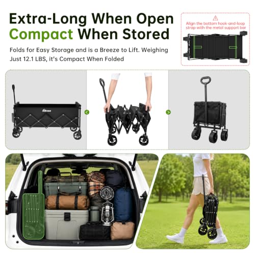 Extra Long Collapsible Wagon Cart, 360LBS Heavy Duty Utility Wagons with All-Terrain Wheels, Foldable Grocery Carts for Gardening, Shopping, Beach, Camping, Black - color: Ebony