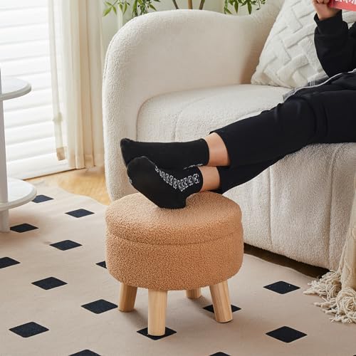 Wimarsbon Storage Ottoman, Modern Round Footrest with Soft Padded Seat, Teddy Velvet Footstool with Wood Legs, Accent Small Table or Plant Stand for Hallway, Living Room (Champagne) - color: Champagne