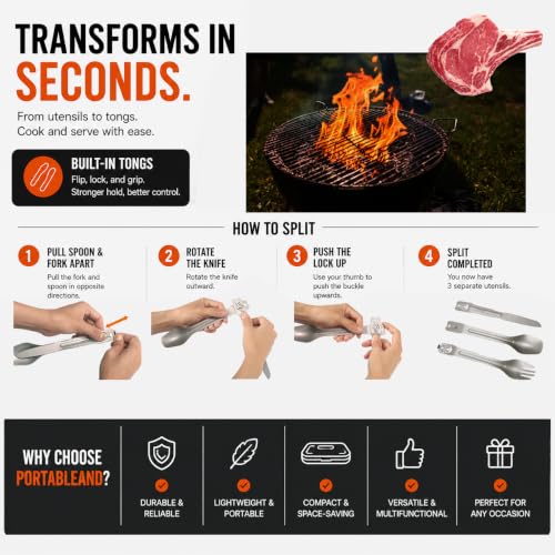 Camping Cooking Utensils with Built-in Tongs, 4-in-1 Camping Utensil Set, Spoon, Fork & Knife in One, Compact Stainless Steel Flatware for Camping, Backpacking, Hiking, Picnic, RV & Travel (1-Pack)