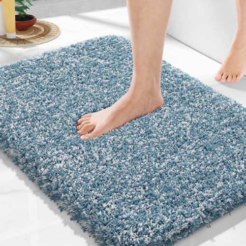 Yimobra Bathroom Rugs Non Slip Washable, Ultra Soft and Water Absorbent Bath Mats, Plush Fluffy Shower Mat Outside, Microfiber Thick Matts for Bathroom Floor/Sink, 24X17, Denim Blue and White - color: Denim Blue and White, size: 17" X 24"