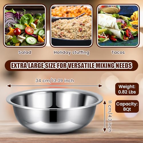 Nuogo 4 Pcs Stainless Steel Mixing Bowls Metal Mixing Bowls Extra Large Basin Salad Basin Deeper Edge Dishwasher Safe Mirror Finish for Home and Commercial, Silver (13 Inch 8 Qt) - size: 13 Inch (8 Qt)
