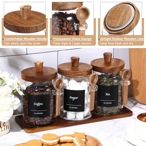 Suclain 3 Pcs Glass Coffee Container with Wooden Lid Spoon Shelf Labels Clear Airtight Jar Food Storage Canister Set for Sugar Spice Coffee Bean Holder Housewarming Gift(20 oz,Acacia Brown) - size: 20 oz