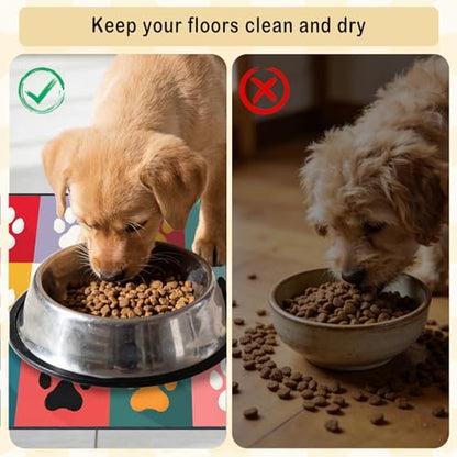 Nuxovilar Pet Dog Supplies Food Mat Colorful Paw-Printed Polyester (23.62×17.71 inches) Bowl Water Spill Pad Feeding Gear for Kitchen, Dining Spot, Pet Nook - color: LU13721