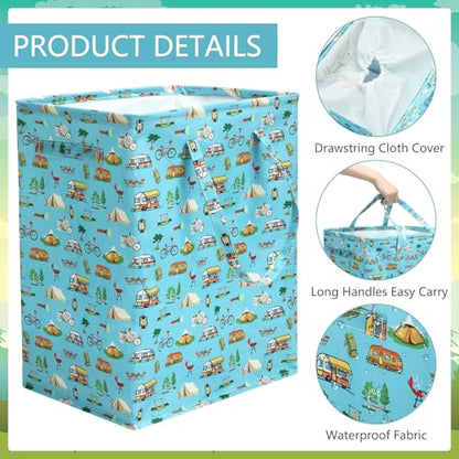 60 L Large RV Collapsible Laundry Hamper with Lid and Drawstring Freestanding Waterproof Laundry Basket, Long Handles for Portability, Tall Clothes Baskets for Rv Camper Bedroom Bathroom Accessories