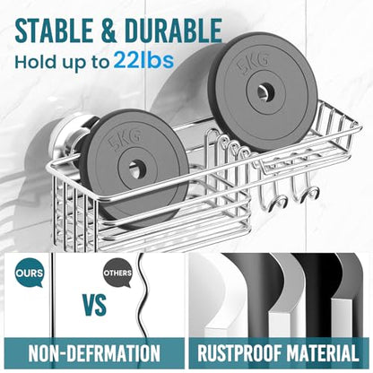 TAILI Shower Caddy Suction Cup with Hooks & Soap Holder, Heavy Duty Bathroom Shower Organizers, Removable Bathroom Shelves for Inside,Stainless Steel Bathroom Holder - style: 1 × Silver Basket