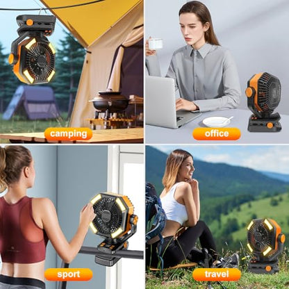 Portable Rechargeable Clip on Fan for Camping,20000mAh Battery Operated Powered Powered Fan with LED Light and Hanging Hook for Tents,Cordless Desk Fan with Remote
