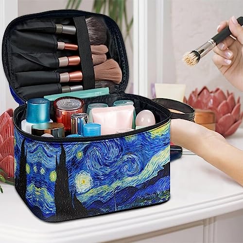 Travel Toiletry Bag Van Gogh Starry Night Makeup Brush Bag Case Multifunctional Cosmetic Organizer Durable Makeup Pouch with Handle and Divider - color: Van Gogh Starry Night