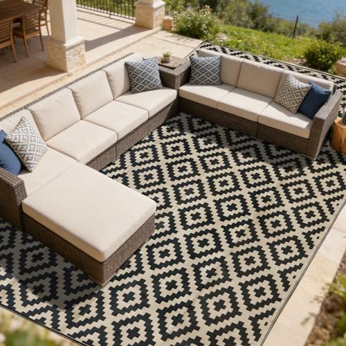 SAND MINE Waterproof Outdoor Rug 10x20 ft, Plastic Reversible Rug, Modern Area Rug, Large Floor Mat for Outdoors, RV, Patio, Backyard, Deck, Picnic, Beach, Camping, Black & Beige - color: Black & Beige, size: 10' x 20'