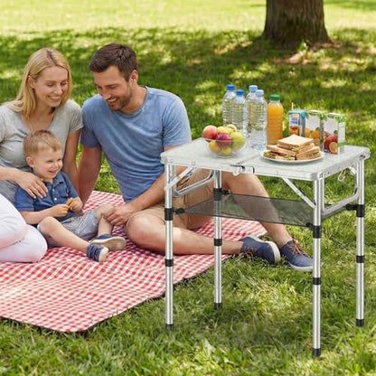 YihuiKo Small Folding Picnic Table with Storage Net, 3 Adjustable Heights 27.5" Aluminum Lightweight Portable Table with Carrying Handle for Camping Travel Indoor - size: 24"L x 16"W x 27"H