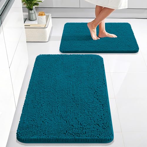 OLANLY Bathroom Rugs Sets 2 Piece, Soft Absorbent Chenille Bath Mats Area Rug Set, Non-Slip, Quick Dry, Machine Washable Bath Mats for Bathroom, Home Decor Accessories (30"x20"+24"x16", Peacock Blue) - color: Peacock Blue, size: 30" X 20" + 24" X 16"