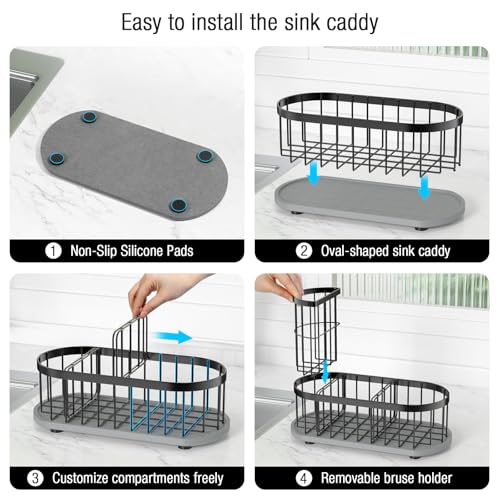 Sponge Holder for Kitchen Sink with High Brush Holder, [Stay-Dry Anywhere & No Drainage Needed] Rustproof Stainless Steel Kitchen Sink Caddy Organizer with Water Absorbing Stone Tray, Black - color: Black