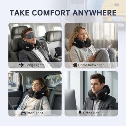 Neck Pillow Travel Pillow - 100% Pure Memory Foam Airplane Pillow with Adjustable Clasp & Removable Cover, Portable Travel Essentials for Long Flights, Car & Office (Black) - color: Black
