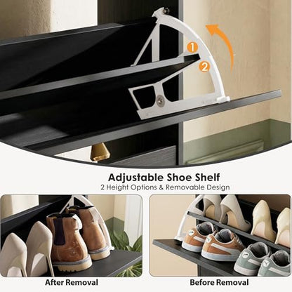 Nicetree Shoe Cabinet with 2 Flip Drawers, Narrow Shoe Organizer Cabinet, Freestanding Shoe Rack Cabinet, Modern Shoe Storage Cabinet for Entryway, Hallway, Foyer, Black with Hook - color: Black, style: 2-Drawers with Hook