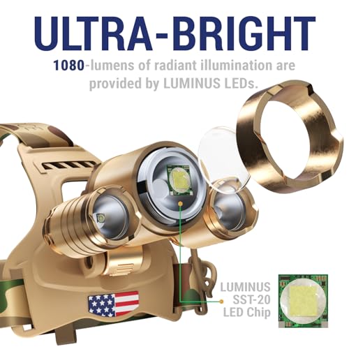 DanForce Camouflaged Headlamp Ultra Bright USB Rechargeable Head lamp. Tactical Head Flashlight Designed Especially for Hunting & Fishing. LED Headlamps LUMINUS 1080 Lumens Headlight with Red Light - color: Proxima